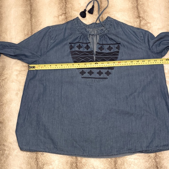 Blue Anthro Denim Chambray Embroidered Swing Tassel Blouse - Picture 11 of 13